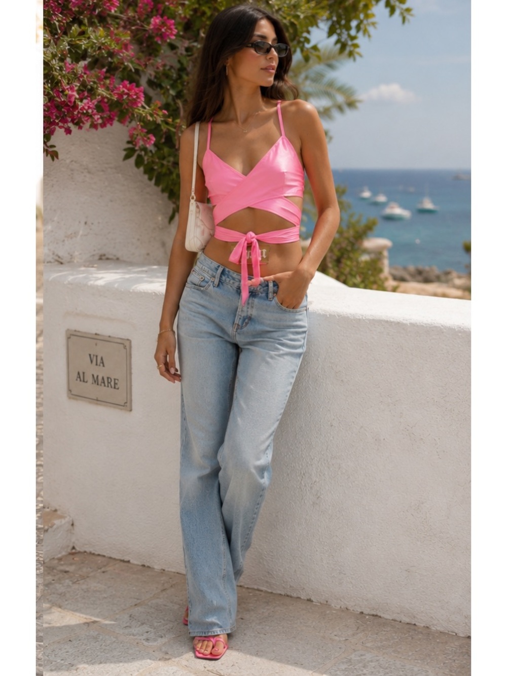NWT Palm Angels crossover-strap satin crop Top in pink size L